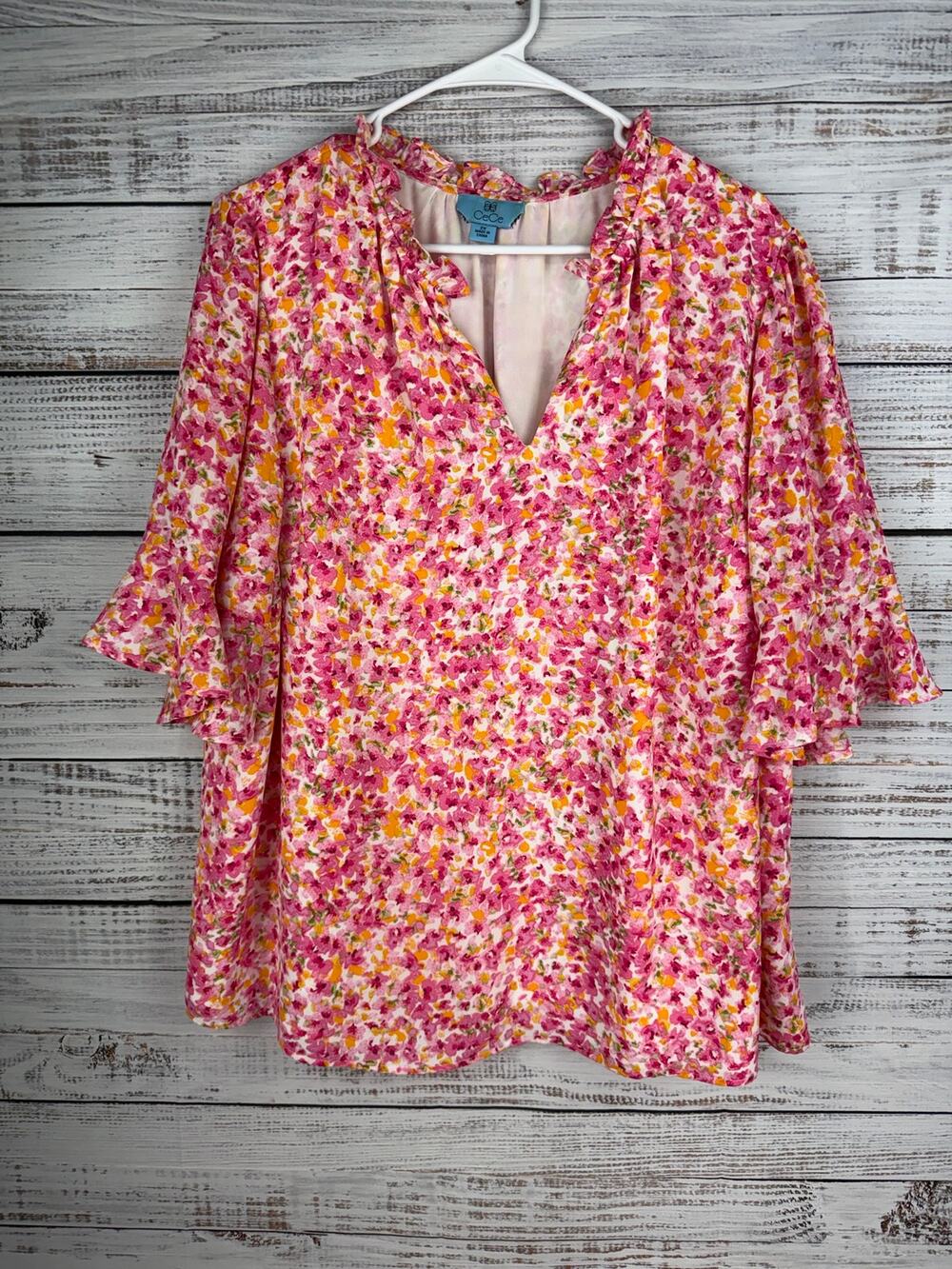 Cece Pink Floral Popover Top 2X Flutter Sleeve Flowy Office Work Coastal Resort